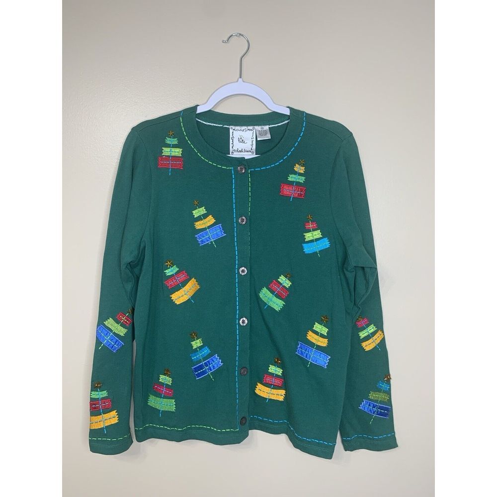 Michael Simon Lite Christmas Cardigan READ size M Embroidered Trees‎ Beads Green